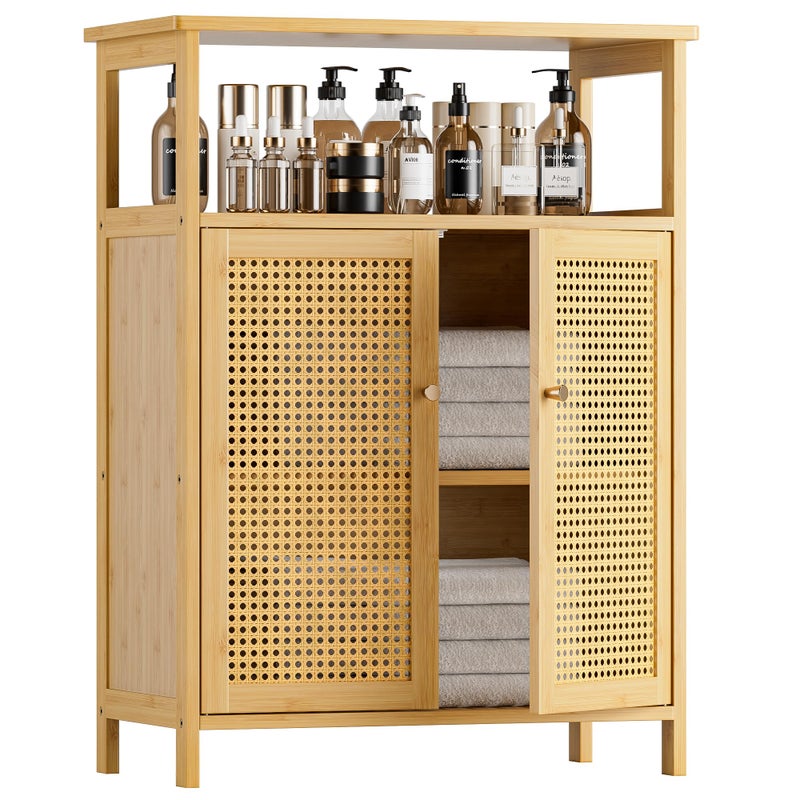 HITNET Rattan Bathroom Storage Cabinet, Bamboo Floor Cupboard with 2 Doors, Freestanding Side Organizer for Living Room, Kitchen, Entryway, Natural - Image 1