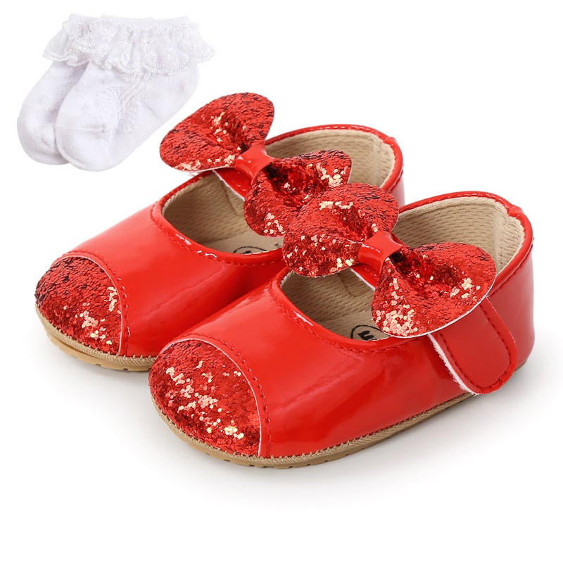 Butterfly Sequin Princess Baby Shoes Soft Sole M1951 Red Socks