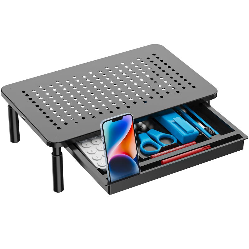 WALI Computer Monitor Stand with Storage, Desk Monitor Riser 3 Height Adjustable, Laptop Riser with Airflow Vents, Desk Organizer for Computer, Laptop, Printer, Notebook (STT003D-B), 1 Pack, Black - Image 1