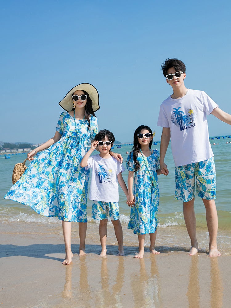 Sanya seaside parent-child outfit foreign-style family of three four mother-daughter holiday beach outfit short-sleeved suit dress - Image 3