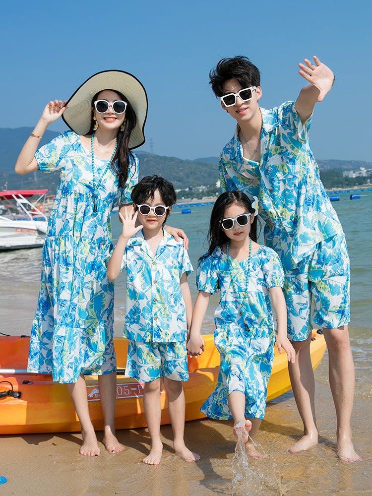 Sanya seaside parent-child outfit foreign-style family of three four mother-daughter holiday beach outfit short-sleeved suit dress - Image 2
