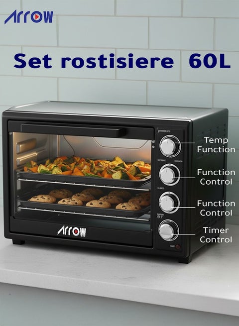 60L Electric Oven, 2000W | Rotisserie & Grill Function | Power Indicator Light | 60-Minute Timer with Shut-Off Bell | Stylish Countertop Design | Adjustable Temperature Control | User-Friendly & Safe | Ideal for Baking & Grilling | Model Name: RO-60EOB