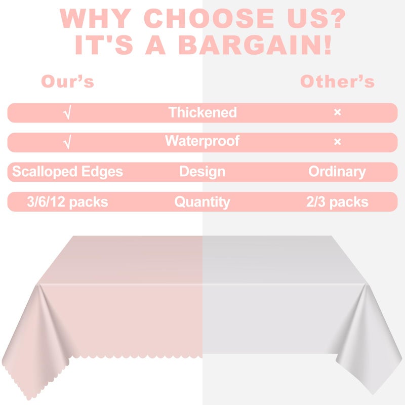 NatNarr 6 Pack Plastic Light Pink Tablecloths, 54 X 108Inch Baby Shower Tablecloth Scalloped Mother's Day Table Cloth for Rectangle Tables Disposable Table Cover for Easter Bridal Shower Tea Party Wedding - Image 2