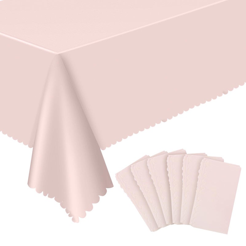 NatNarr 6 Pack Plastic Light Pink Tablecloths, 54 X 108Inch Baby Shower Tablecloth Scalloped Mother's Day Table Cloth for Rectangle Tables Disposable Table Cover for Easter Bridal Shower Tea Party Wedding - Image 1