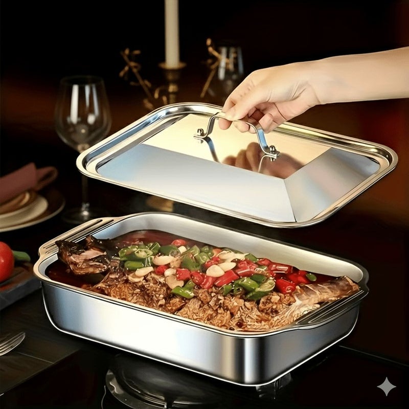 1 Set Stainless Steel Rectangular Baking Pan With Lid For Oven BBQ Grilling Deep Capacity Food Serving Tray For Buffet Catering Grilled Fish Seafood Durable Fast Heating Container Home Kitchen Party Events - Image 1