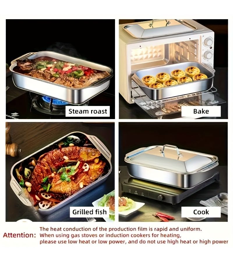 1 Set Stainless Steel Rectangular Baking Pan With Lid For Oven BBQ Grilling Deep Capacity Food Serving Tray For Buffet Catering Grilled Fish Seafood Durable Fast Heating Container Home Kitchen Party Events - Image 5