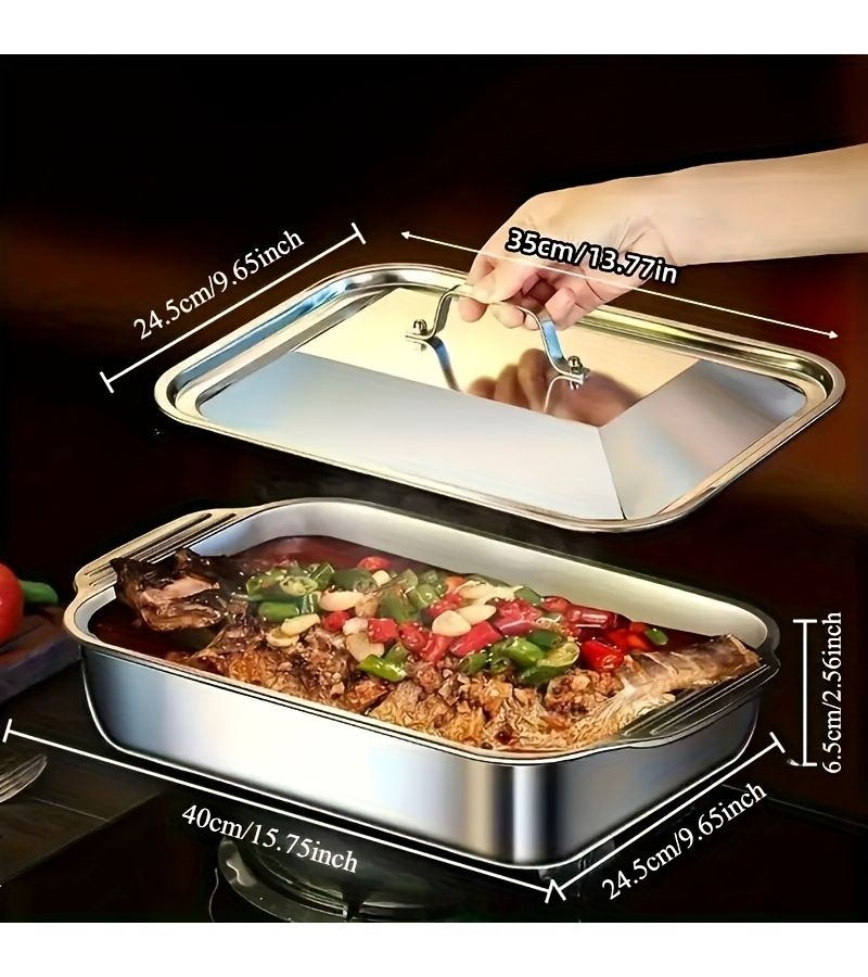 1 Set Stainless Steel Rectangular Baking Pan With Lid For Oven BBQ Grilling Deep Capacity Food Serving Tray For Buffet Catering Grilled Fish Seafood Durable Fast Heating Container Home Kitchen Party Events - Image 3