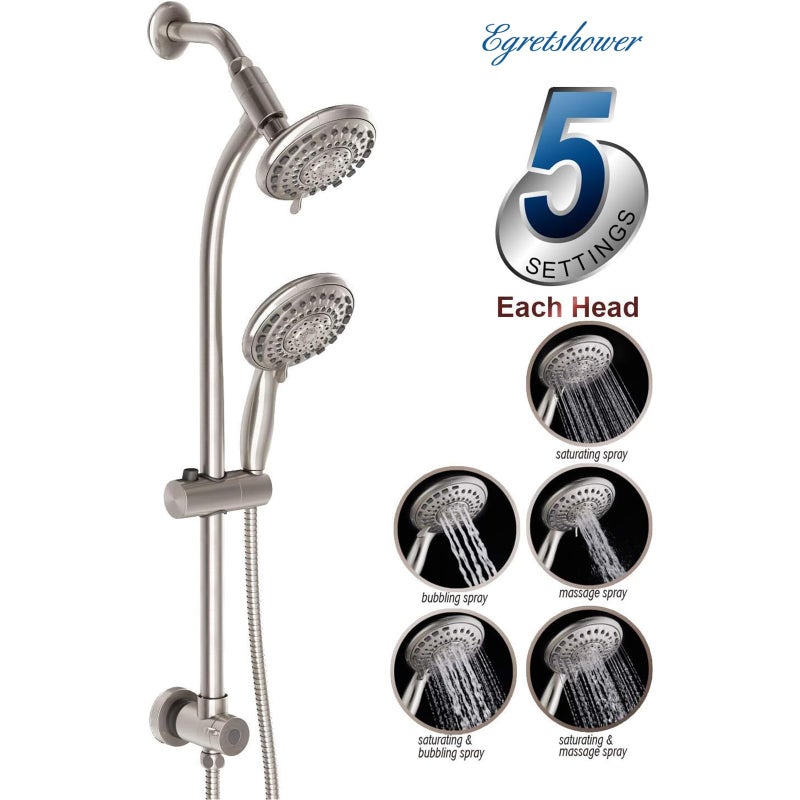 Egretshower Handheld Showerhead & Rain Shower Combo for Easy Reach, 27.5" Drill-free Stainless Steel Slide Bar, 5â€of 5-setting Handheld Shower and Showerhead, with 5ft Hose -Brush Nickel - Image 4