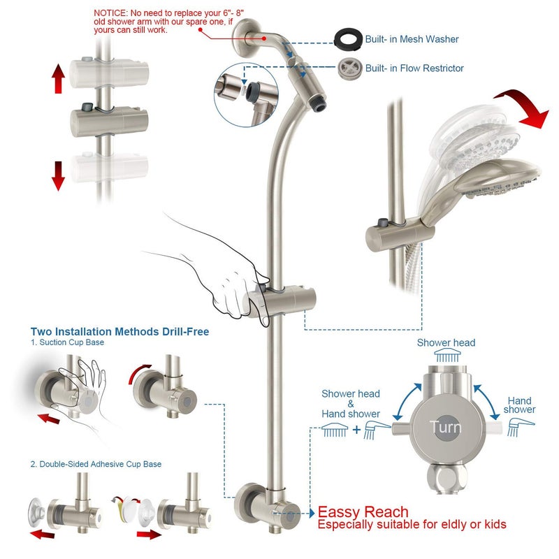 Egretshower Handheld Showerhead & Rain Shower Combo for Easy Reach, 27.5" Drill-free Stainless Steel Slide Bar, 5â€of 5-setting Handheld Shower and Showerhead, with 5ft Hose -Brush Nickel - Image 2