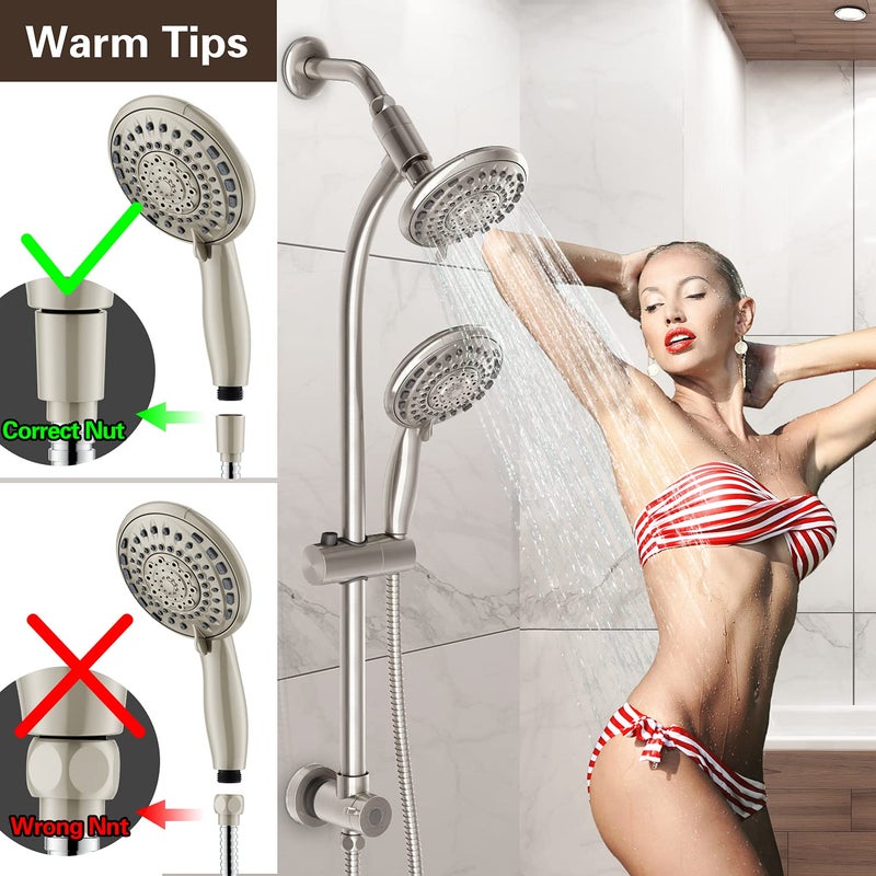 Egretshower Handheld Showerhead & Rain Shower Combo for Easy Reach, 27.5" Drill-free Stainless Steel Slide Bar, 5â€of 5-setting Handheld Shower and Showerhead, with 5ft Hose -Brush Nickel - Image 5