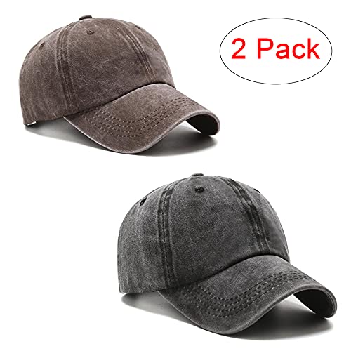 PFFY 2 Packs Vintage Washed Distressed Baseball Cap Dad Golf Hat Black+ Brown - Image 2
