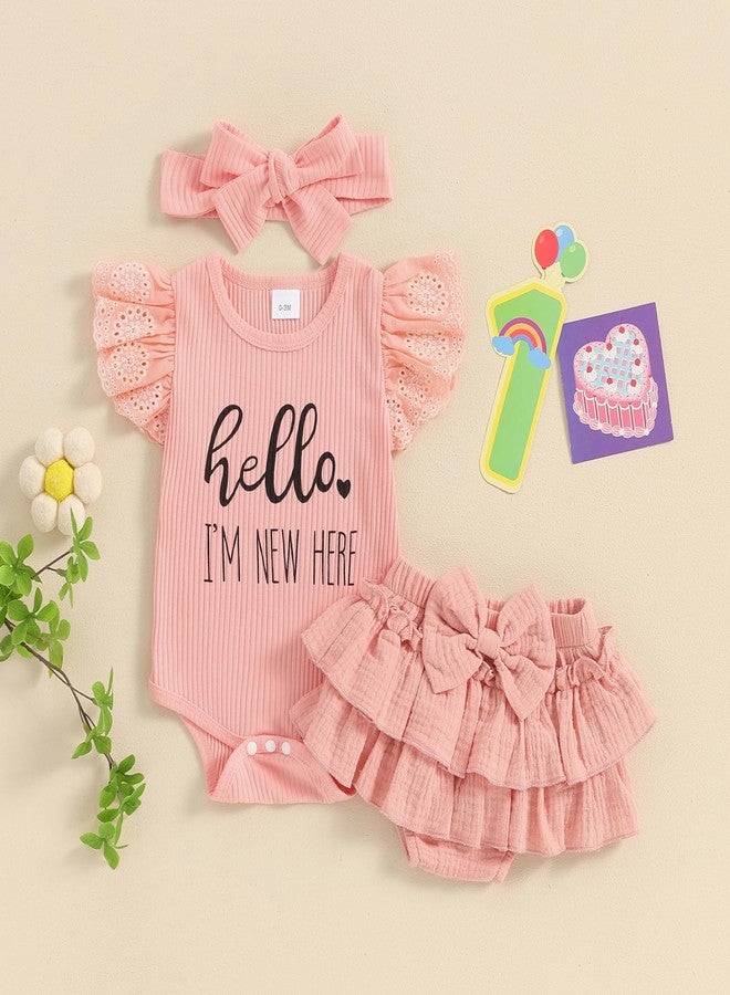 Mubineo Baby Girl Summer Clothes Hello Im New Here Outfits Newborn Romper Ruffle Skirt Shorts Coming Home Outfit (Pink, 0-3 Months) - Image 3