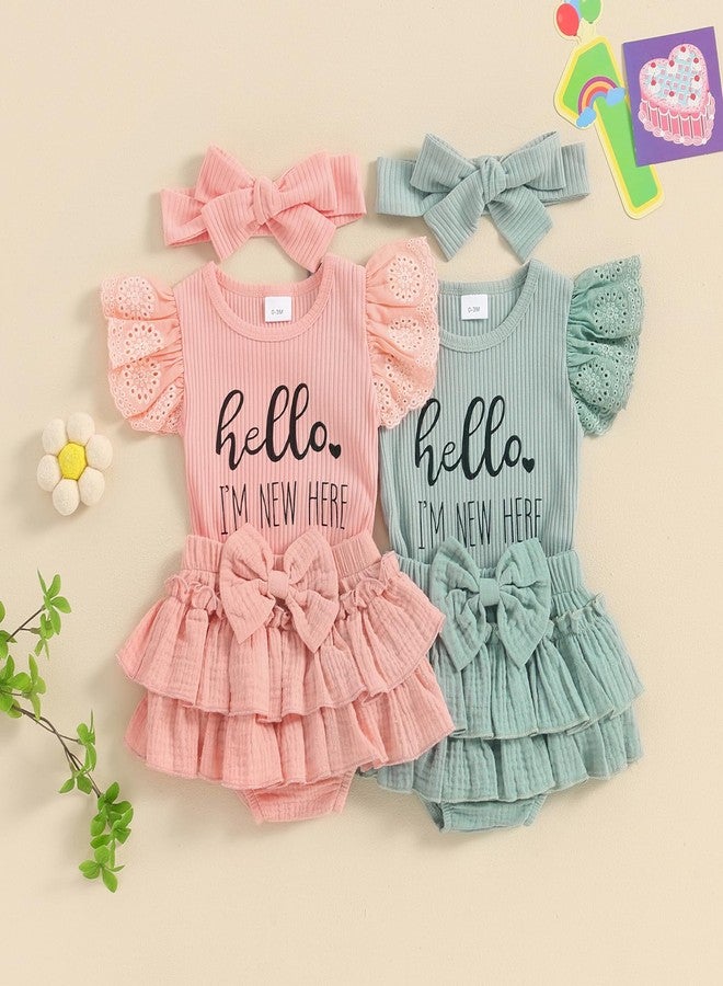 Mubineo Baby Girl Summer Clothes Hello Im New Here Outfits Newborn Romper Ruffle Skirt Shorts Coming Home Outfit (Pink, 0-3 Months) - Image 2