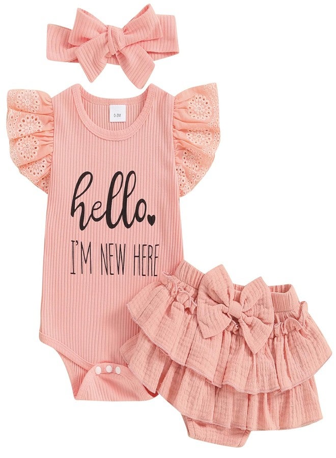 Mubineo Baby Girl Summer Clothes Hello Im New Here Outfits Newborn Romper Ruffle Skirt Shorts Coming Home Outfit (Pink, 0-3 Months) - Image 1
