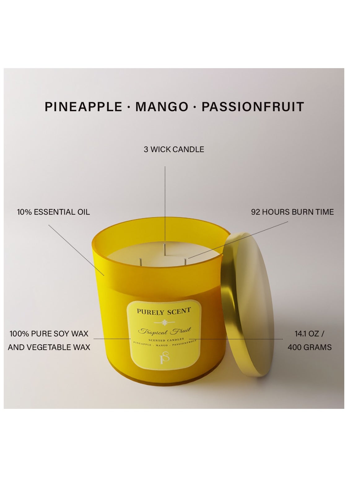 Tropical Fruit Soy Wax Scented Candle, 100% Pure Soy Wax and Vegetable Wax, 92 Hours Burn Time, Fragrant Candles for Home, Office, Scented Candle for Aromatherapy, 14.1 Oz/400 Grams - https://f.nooncdn.com/p/pzsku/Z8996FEC00FF1B35DD8F8Z/45/_/1704968933/d2e407bb-234f-4417-be42-0bdda7f93b63.jpg?format=jpg&width=original