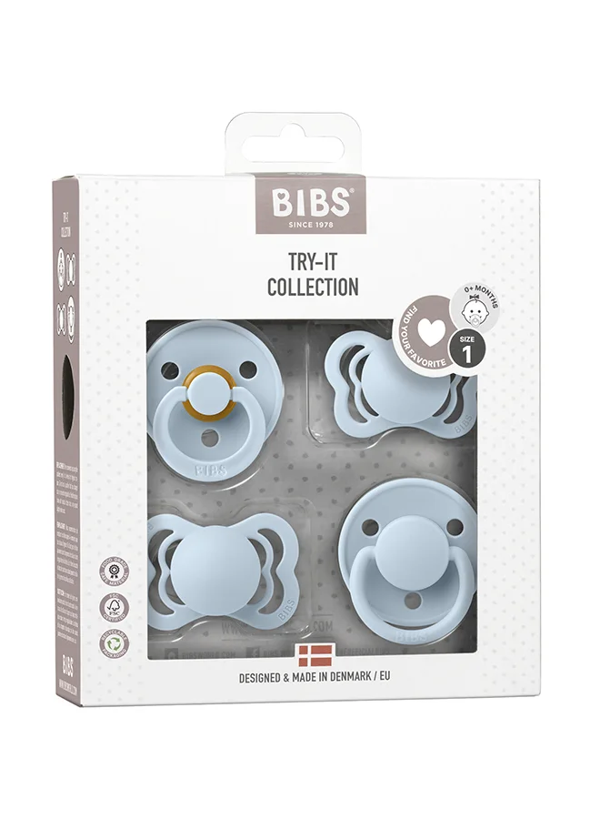 بيبس Baby Try-It Box Collection, Baby Pacifiers, Mouth Skin Sensitive, Soft, Flexible, For Babies Aged Upto 6 Months, BPA Free, Pack of 4 Pacifiers, Size 1, Baby Blue Color