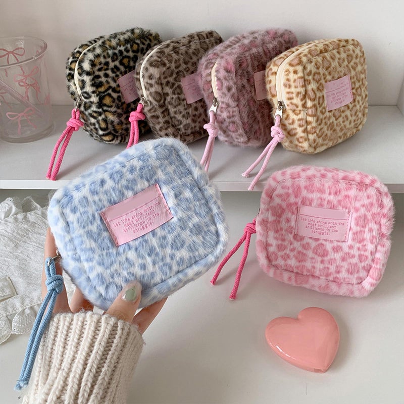 Dark Leopard Print Plush Square Storage Pouch For Cosmetics Sanitary Pads Organizer - Image 4