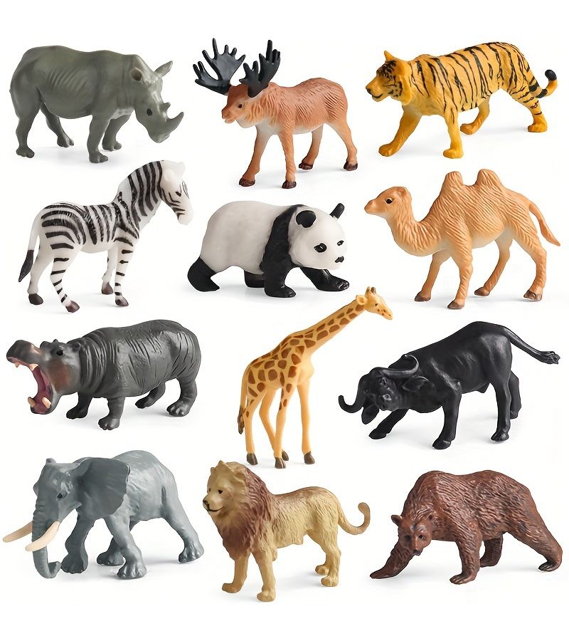 Wildlife Model Set 12 Pcs Mini Tiger Lion Bear Elephant Buffalo - Image 1