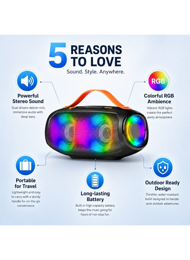 Smartbarry M96 Wireless Bluetooth Speaker 16W Portable Sound System with Dual Drivers, RGB LED Light Effects, 2400mAh Battery, Waterproof Design, Deep Bass Audio, USB/TF Playback, Easy Carry Handle - Image 5