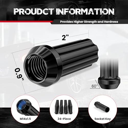 FLYCLE 14x1.5 Wheel Lug Nuts, 24 pcs Black M14x1.5 Lug Nut Closed End Long Extended XL Spline with 1 Socket Key for Silverado 1500 Tahoe Avalanche Sierra 1500 Yukon Escalade 6 Lug Aftermarket Wheels - Image 2