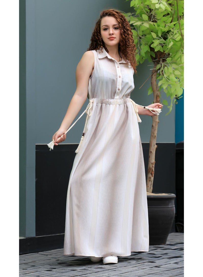 Ship Master Sleeveless Summer Dress for Women – Striped Design with Adjustable Waist Tie  - Image 1