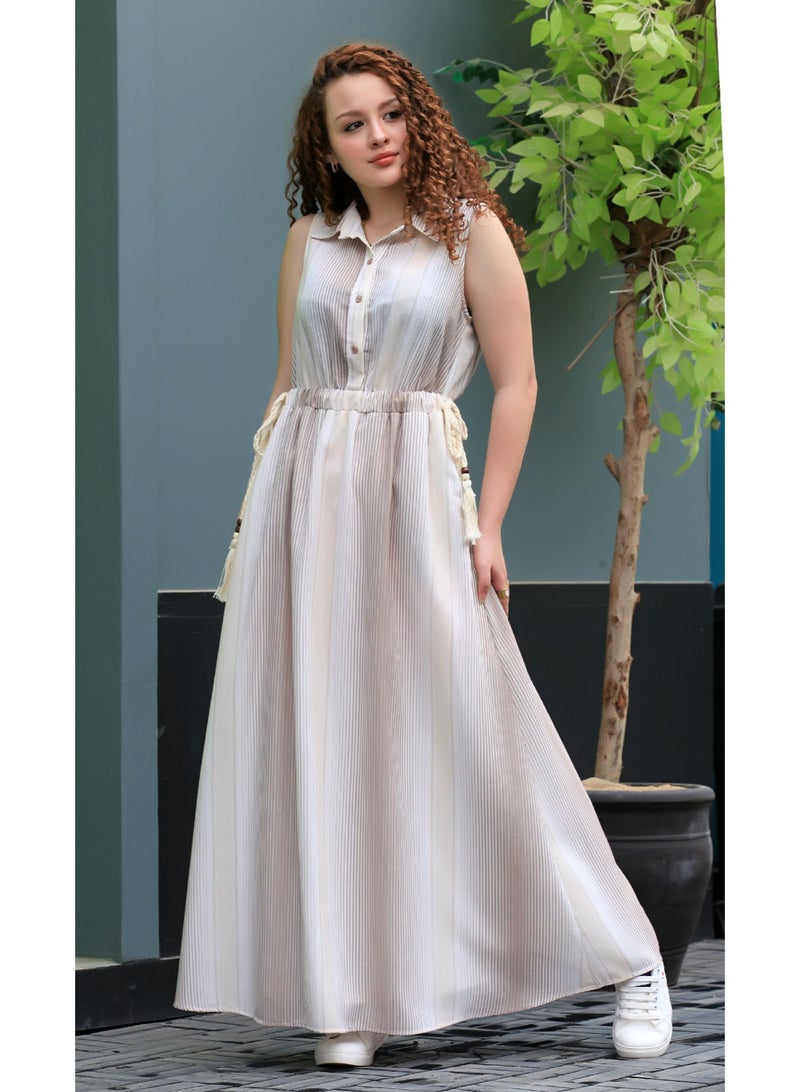Ship Master Sleeveless Summer Dress for Women – Striped Design with Adjustable Waist Tie  - Image 2