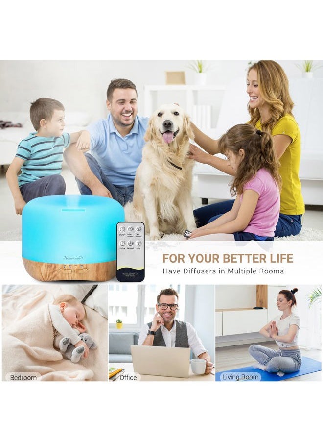 Homeweeks 300ml Essential Oil Diffuser, Quiet Aromatherapy Mist Diffusers for Essential Oils, Wood Grain, Ultrasonic, Remote Control, Timer, 7 Colors Light for Bedroom (300ml)  - Image 2