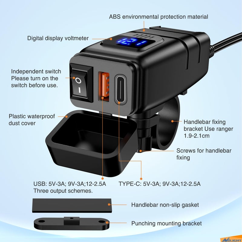 Nilight Motorcycle USB Type C Port 12V Voltmeter Independent On Off Switch SAE Inline 10A Fuse Waterproof 6.8A QC3.0 Fast Phone Tablet for 7/8inch Handlebar - Image 5