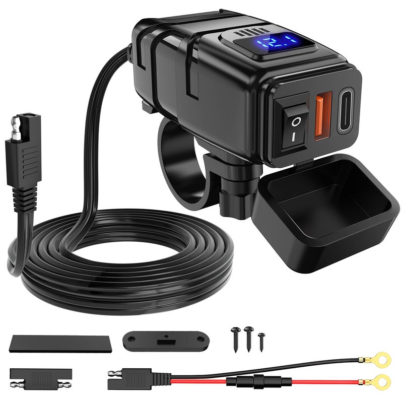 Nilight Motorcycle USB Type C Port 12V Voltmeter Independent On Off Switch SAE Inline 10A Fuse Waterproof 6.8A QC3.0 Fast Phone Tablet for 7/8inch Handlebar - Image 1