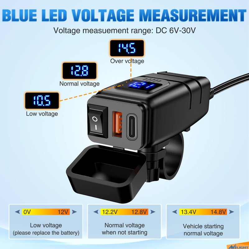 Nilight Motorcycle USB Type C Port 12V Voltmeter Independent On Off Switch SAE Inline 10A Fuse Waterproof 6.8A QC3.0 Fast Phone Tablet for 7/8inch Handlebar - Image 4