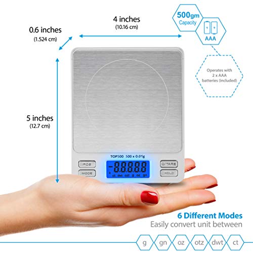 Smart Weigh Digital Pro Pocket Scale with Back-Lit LCD Display, Tare, Hold and PCS Features 500 x 0.01g (2 Lids Included) - Image 4