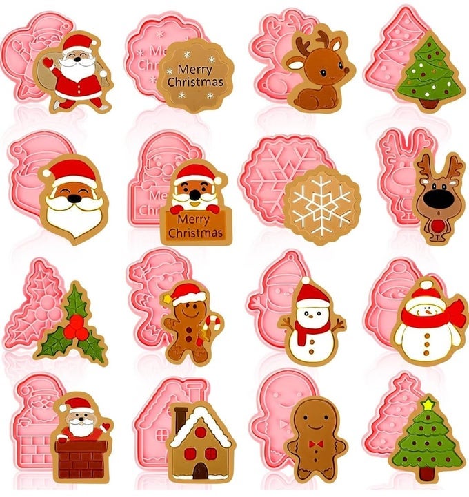 16 PACK CHRISTMAS COOKIE CUTTER SET 3D COOKIE CUTTERS FOR BAKING PINK DIY PRESS COOKIE STAMPS MOLDS FOR KIDS GINGERBREAD MAN CHRISTMAS TREE SNOWMAN SANTA SNOWFLAKE MERRY CHRISTMAS
