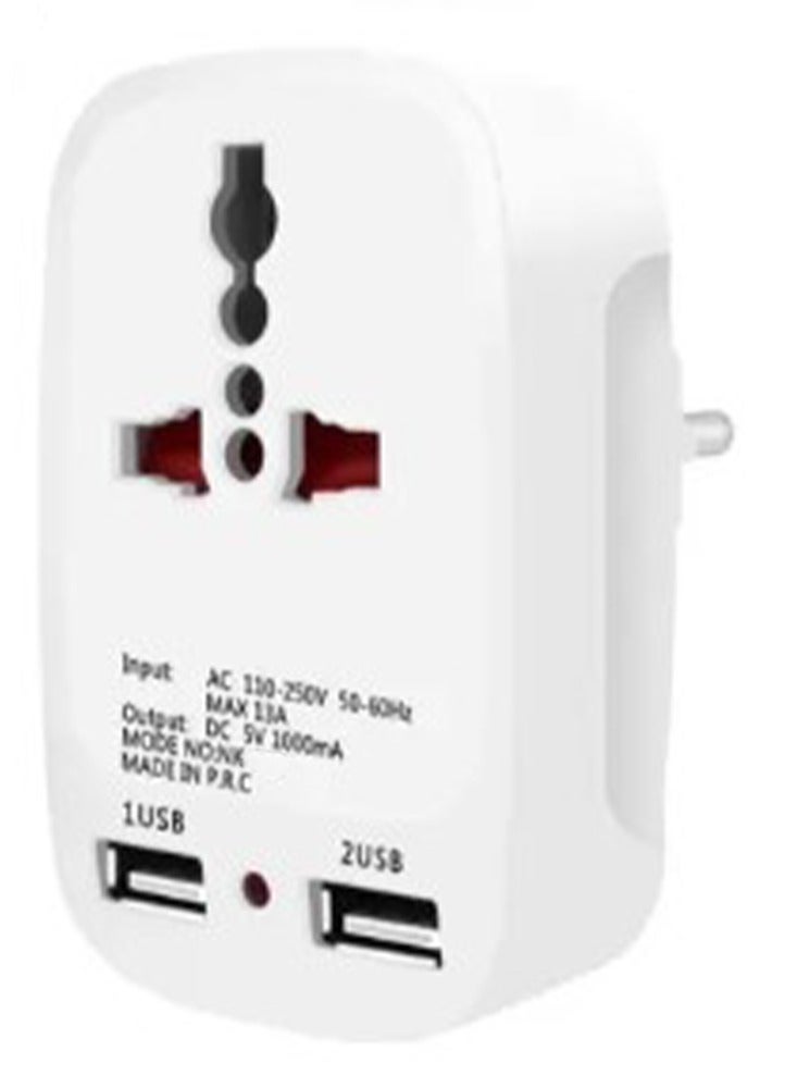 Power socket 2 USB Travel Power Adapter Charging Port Universal Charger Travel Adapter - Worldwide Adaptor  (White), 16 amp, 250 volt, white, easy to use in residential apartments, factories, and workshops - Image 1