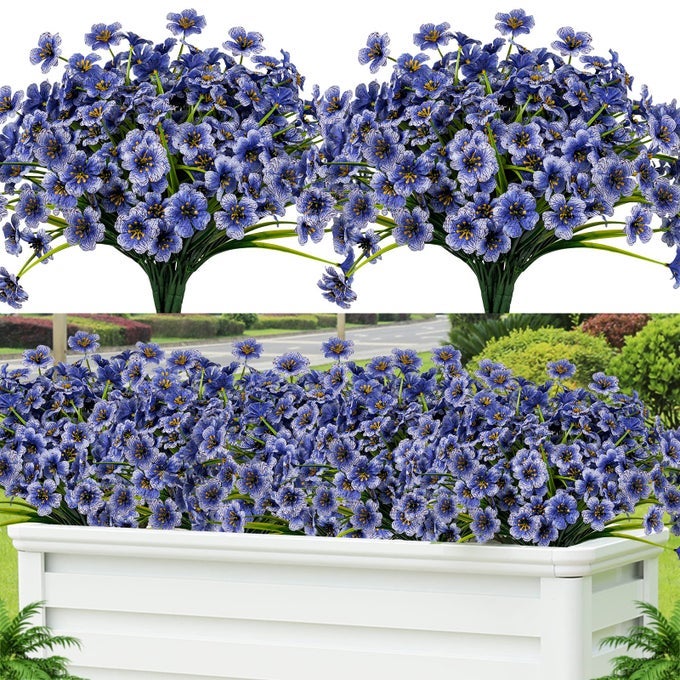 24 PCS ARTIFICIAL FLOWERS FOR OUTDOORPLASTIC FLOWERS DECORATION UV RESISTANT FAUX FLOWERS SHRUBS ARTIFICIAL PLANTS FOR INDOOR OUTSIDE GARDEN HOME WEDDING FARMHOUSEBLUE