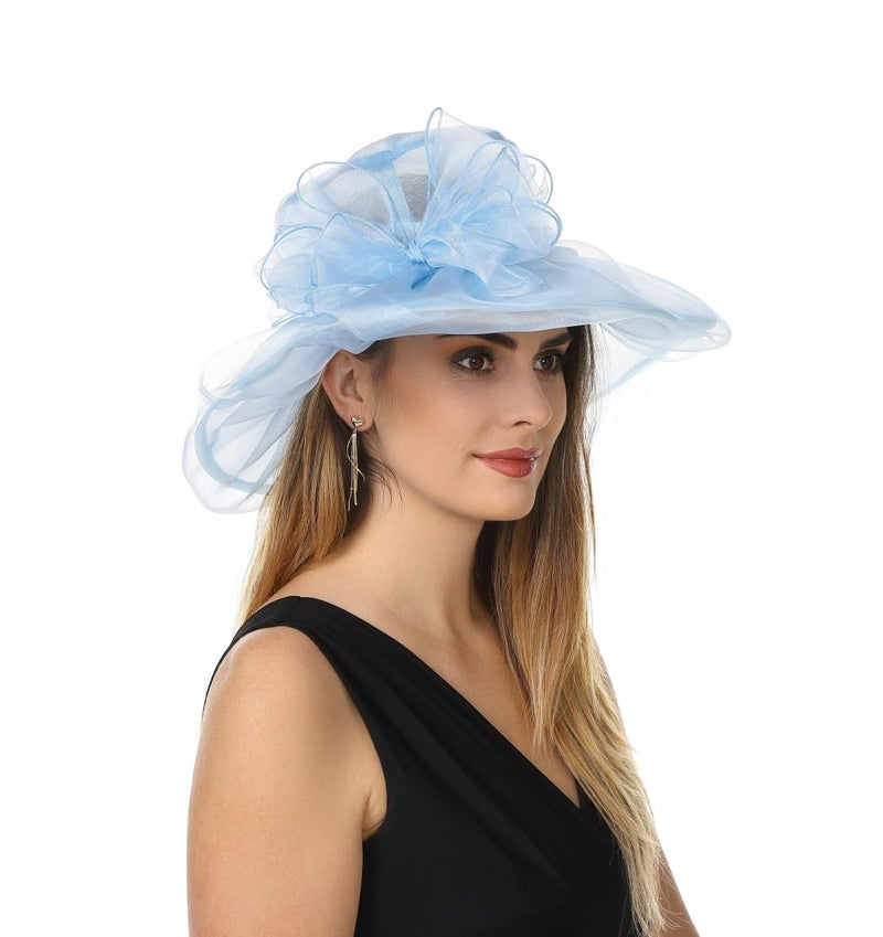 SAFERIN Derby Hat for Women Organza Fascinator Tea Party Wedding Church Dress Hats (US, Alpha, Medium, TZ-Light Blue Bowknot) - Image 3