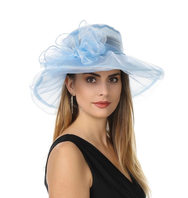 SAFERIN Derby Hat for Women Organza Fascinator Tea Party Wedding Church Dress Hats (US, Alpha, Medium, TZ-Light Blue Bowknot) - Image 1