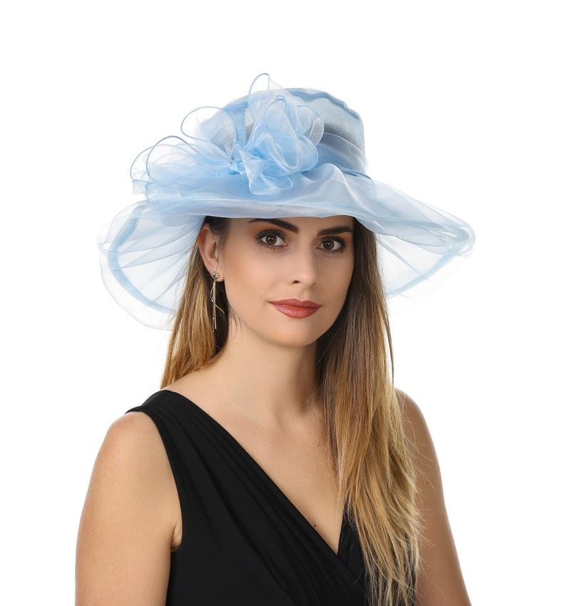 SAFERIN Derby Hat for Women Organza Fascinator Tea Party Wedding Church Dress Hats (US, Alpha, Medium, TZ-Light Blue Bowknot) - Image 4