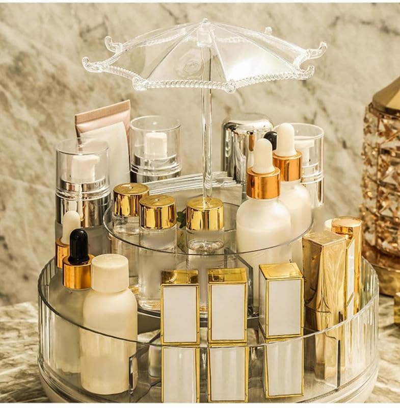 Makeup Organizer | Cosmetic Storage Tray | 360 roatating | Elegant Makeup Vanity With Transparent Drawer | 3 Layers Round Spinning Holder | Organizer Case for Vanity, Lipstick, Skincare | Clear