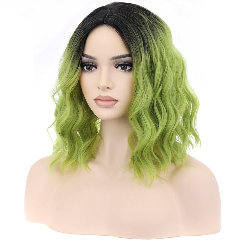 BERON Ombre Green Women Girls Wig Short Curly Wavy Middle Part Wig 14 Ombre Color Body Halloween Cosplay Daily Party Wigs