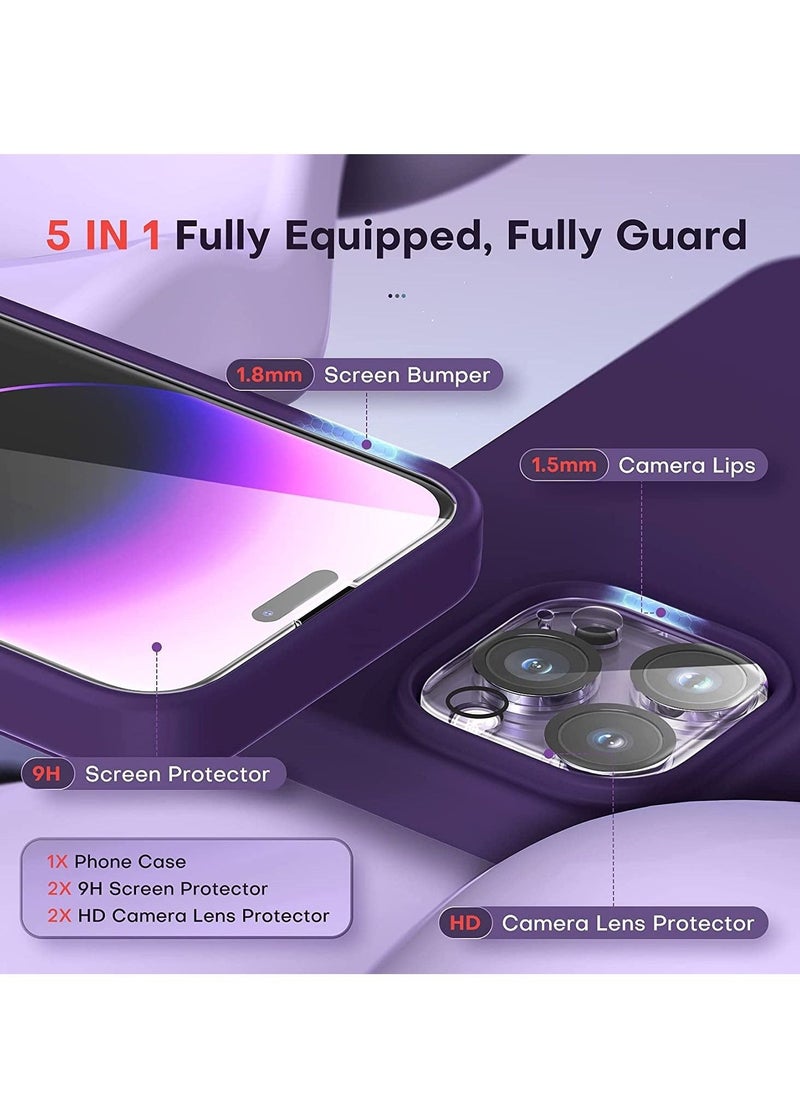 5 in 1 for iPhone 14 Pro Max Case, with 2 Pack Screen Protector + 2 Pack Camera Lens Protector, Liquid Silicone Slim Shockproof Cover [Anti-Scratch] [Drop Protection] 6.7 Inch, Deep Purple - Image 4