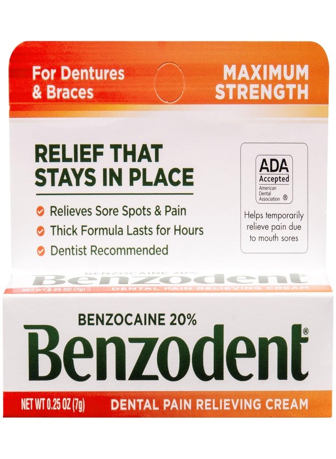 Benzodent كريم بنزودينت لتخفيف آلام الأسنان والفم بقوة قصوى للأطقم، قرح الفم، وتقويم الأسنان، مخدر موضعي يدوم طويلاً، 0.25 أونصة - Image 1