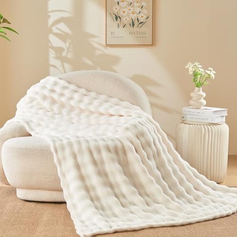 Loquat Throw Blanket For Couch Super Soft Flannel Fleece 3D Bubble Lightweight Bed Blanket All Season Use,60x80 Inches,Ivory - Image 1