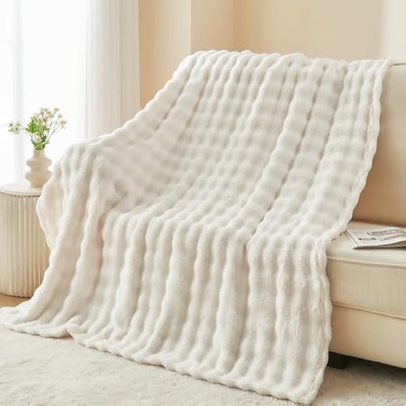 Loquat Throw Blanket For Couch Super Soft Flannel Fleece 3D Bubble Lightweight Bed Blanket All Season Use,60x80 Inches,Ivory - Image 2