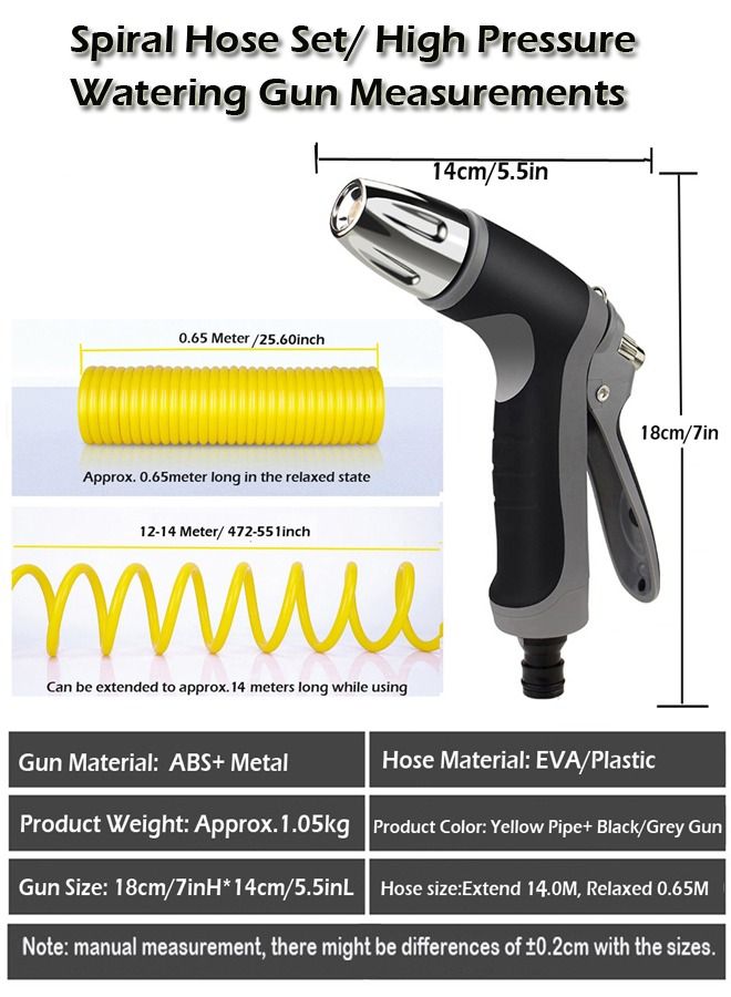 Garden Spiral Hose Nozzle Set with High Pressure Washer Spray Gun and Connectors, Telescopic Coil Spring Water Pipe for Car and Pet Washing, Lawn and Plant Watering, Home Cleaning - 50ft, 15m yellow