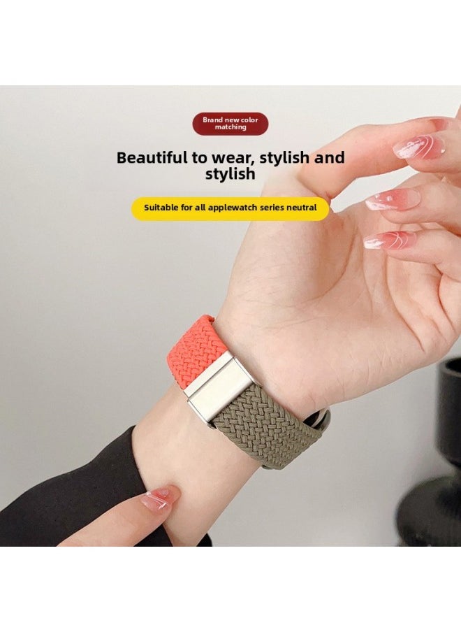 Suitable For AppleWatch For Iphone 89 Generation Nylon Woven Elastic Buckle Adjustment Color Matching Smart Strap-Color:Milk Tea Spelling Rock Green-Specifications:42/44/45/49mm For Apple