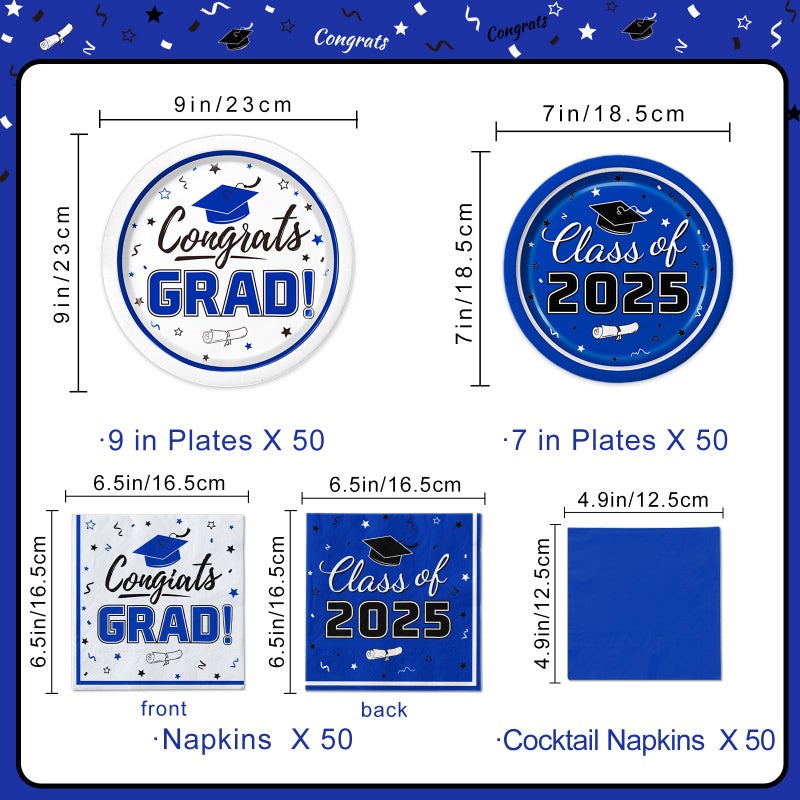 Oigco Graduation Party Supplies Kit Serves 50 - Graduation Party Blue Class of 2025 Tableware Disposable Dinner Plates Dessert Plates and Napkins for Congrats Grad Party Decorations - Image 2