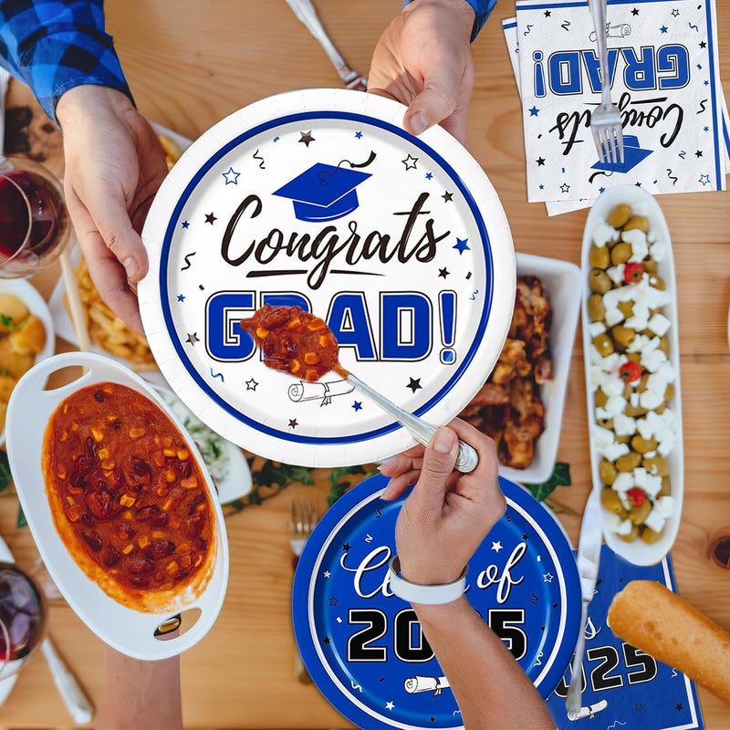 Oigco Graduation Party Supplies Kit Serves 50 - Graduation Party Blue Class of 2025 Tableware Disposable Dinner Plates Dessert Plates and Napkins for Congrats Grad Party Decorations - Image 5