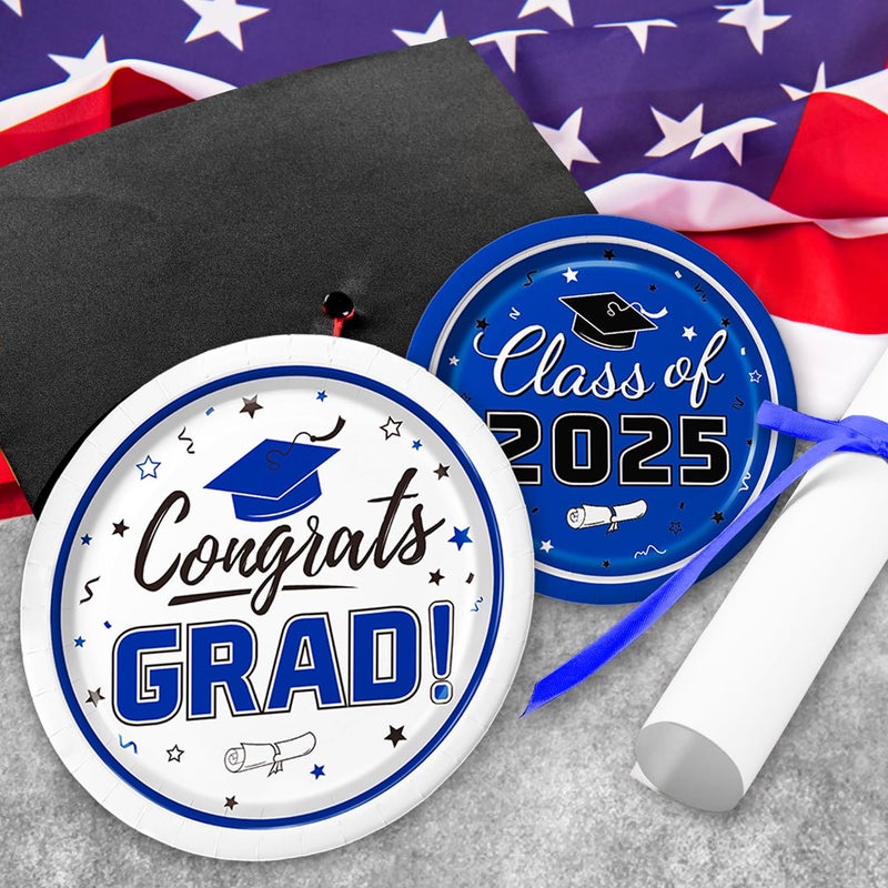 Oigco Graduation Party Supplies Kit Serves 50 - Graduation Party Blue Class of 2025 Tableware Disposable Dinner Plates Dessert Plates and Napkins for Congrats Grad Party Decorations - Image 3
