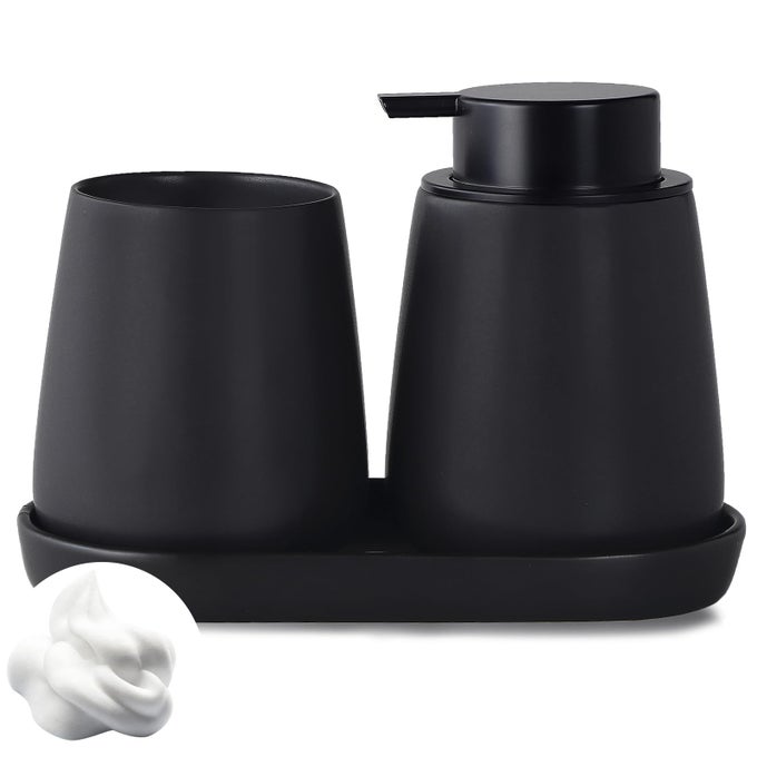 MATTE BLACK BATHROOM ACCESSORY SET 3PCS CERAMIC SOAP DISPENSER SET VANITY COUNTERTOP ACCESSORIES SET INCLUDES REFILLABLE FOAMING HAND SOAP DISPENSER TOOTHBRUSH HOLDER AND TRAY FOAM PUMP
