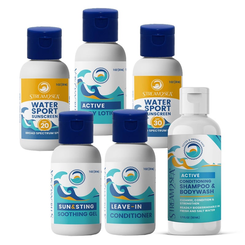 STREAM 2 SEA 6 Pack Natural Travel Sized Toiletries 1oz Paraben Free Sample Size Shampoo Conditioner Lotion Mineral Sunscreen SPF 20 and SPF 30 and After Sun Gel